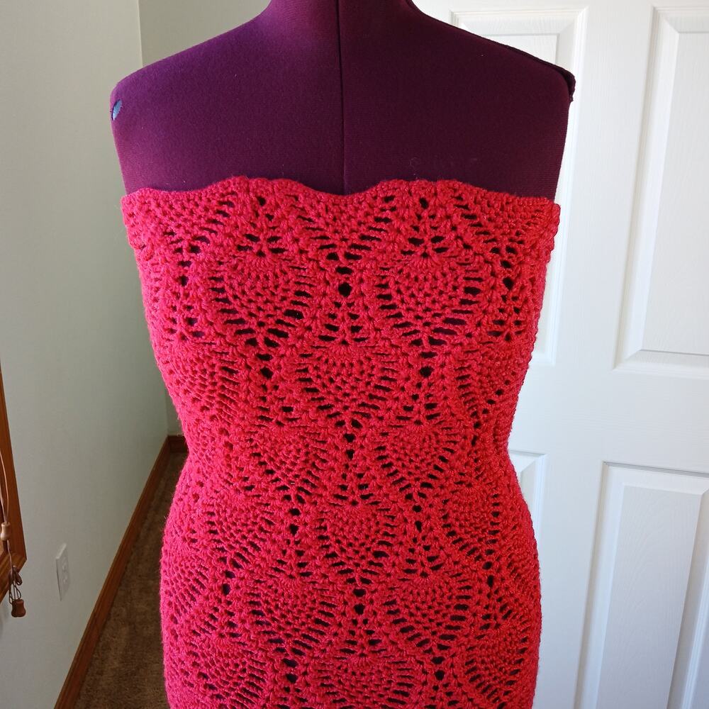 Hand Crafted Red Crochet Lace Gown M L XL 2X bodycon midi tube dress swim cover - Picture 9 of 11